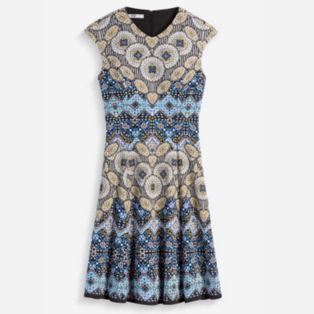 Worn 1X! Adorne Wisp A-Line Graphic Tile Print Cap Sleeve Naya Scuba Dress, Sz 6